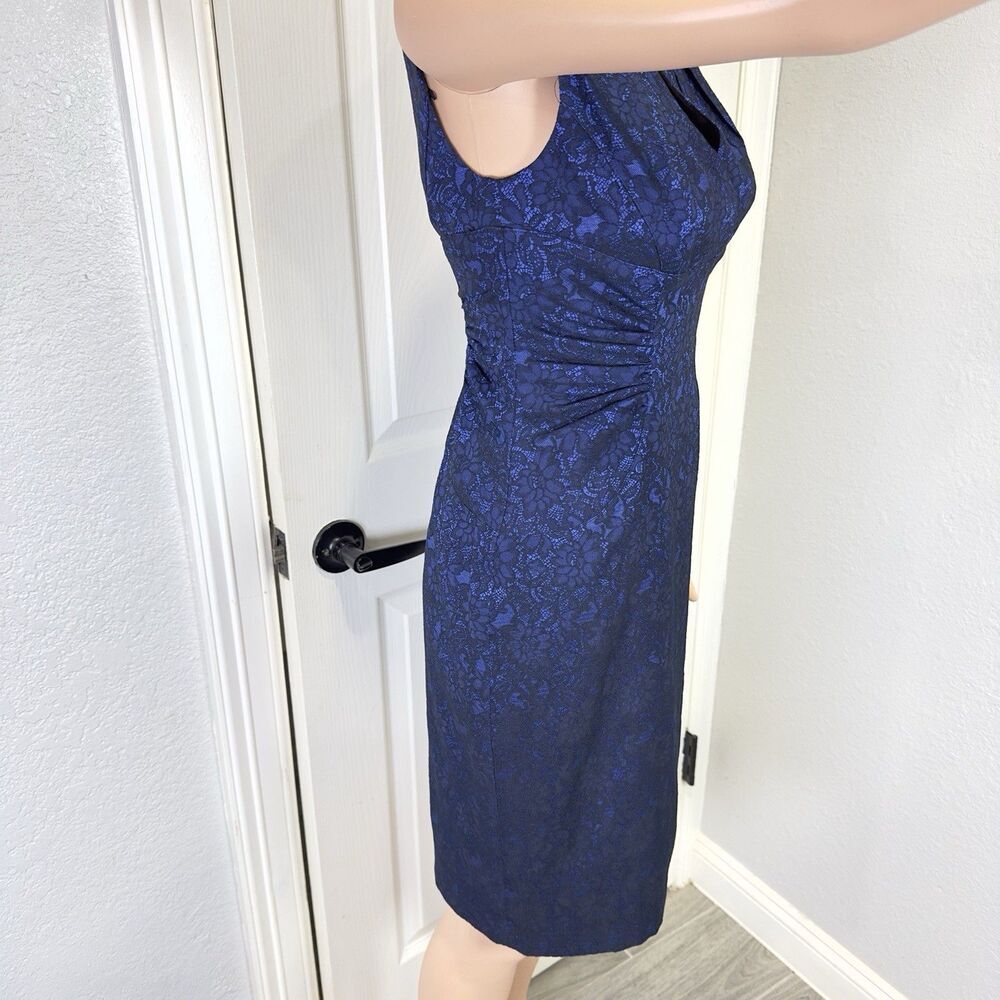 Adrianna Papell Petite Blue Lace Sheath Dress 4P Sleeveless Cocktail Career - Picture 4 of 12